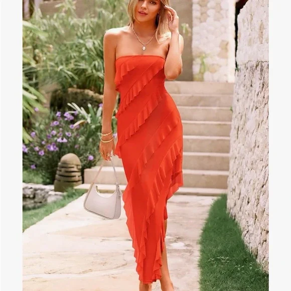Strapless Ruffled Orange Maxi Dress - Picture 2 of 3
